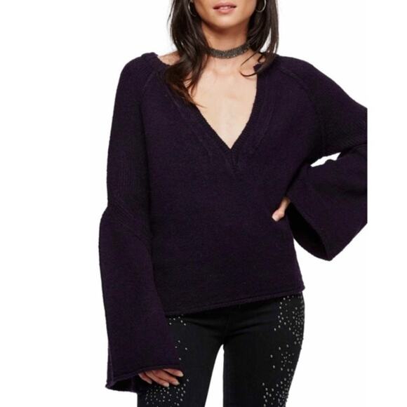 Free People Lovely Lines Bell Sleeve V-Neck Sweater in Dark Purple - Picture 1 of 6